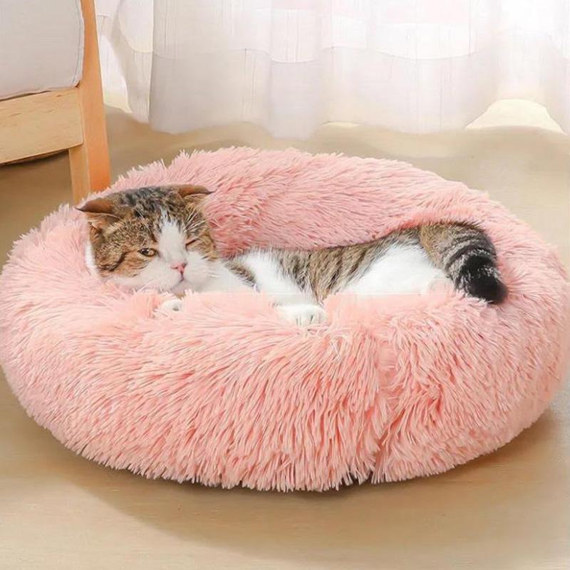 Katze liegt dösend in rosa Katzenbett